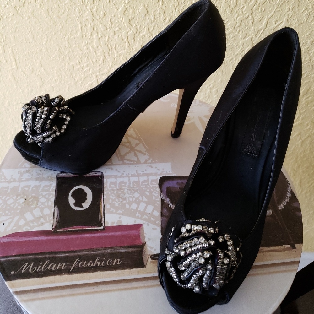 Black satin heel by Steve Madden